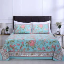 Shahenaz Turquoise 220 TC Cotton Rama Paisley Single Bedsheet with 2 Pillow Covers-picture-44