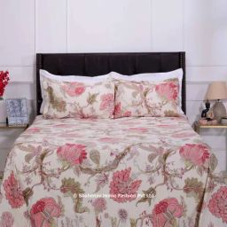 Shahenaz Pink & Offwhite 300 TC Cotton Magnolia Vine Luxury Double Bedsheet with 2 Pillow Covers-image-62