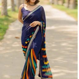 Mirchi Fashion Blue Georgette Geometric Saree With Unstitched Blouse-image-65