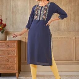 Soch Womens Navy Blue Rayon Yoke Design Embroidered Straight Kurta-picture-0