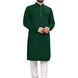 Men Chikan Embroidery Straight Kurta (Dark Green)-image-81