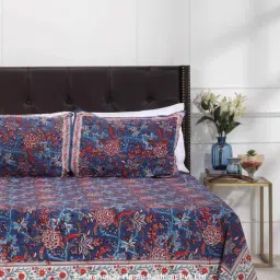 Shahenaz Navy Blue 220 TC Cotton Lagoon Single Bedsheet with 2 Pillow Covers-image-60