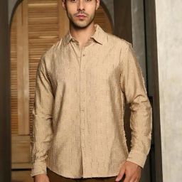 Campus Sutra Beige Polycotton Regular Fit Self Design Shirt-image-52