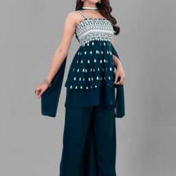 PARROT CREATION Floral Embroidered Sequinned Square Neck Kurti with Sharara & Dupatta image 4