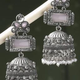 Oomph Jewellery Oxidized Silver Pink Opal Moonstone Jhumki Earrings - Set of 2-image-19