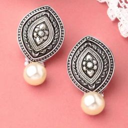 Oomph Jewellery Oxidized Silver Ethnic Silver Look Alike Marquise Shape with Pearl Drop Earrings-image-46