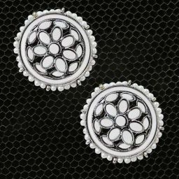 OOMPH Jewellery Oxidised Silver Mirror Kundan Floral Ethnic Ear Stud-45