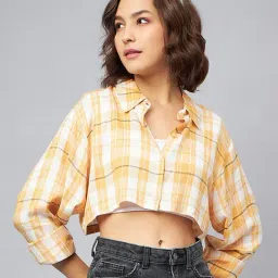 CHIMPAAANZEE Yellow & White Viscose Checks Crop Shirt-image-123