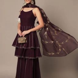 Meeranshi Wine Embellished Kurta With Sharara & Dupatta-image-4