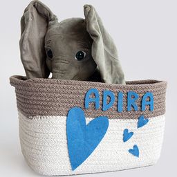Yellow Doodle Hearts Organic Cotton Rope Basket Medium Size - Blue-image-91