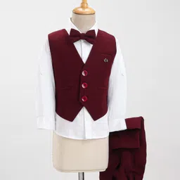 Robo Fry Cotton Lycra Full Sleeves Party Suit With Waistcoat & Bow Solid- Maroon & White (Brooch may vary)-picture-23