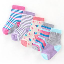 Cutewalk By Babyhug Anti Bacterial Ankle Length Socks Stripes & Heart Design Pack of 5- Purple Grey & Pink-image-49