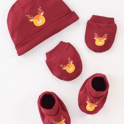 Doodle Poodle 100% Cotton Deer PrintedCap Mittens & Booties Set Maroon - Diameter 11 cm-image-71