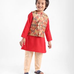 Babyhug 100% Cotton Woven Full Sleeves Kurta Pyjama Set with Printed Jacket - Red-image-93