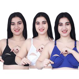 Elite Mom Pack Of 3 Solid Maternity Nursing Bra - Black, Skin & Blue-image-24