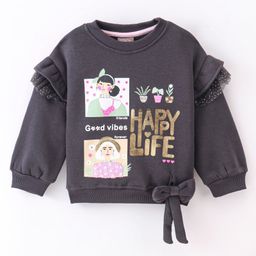 Little Kangaroos Cotton Blend Full Sleeves Sweatshirt Doll Foil Print & Frill Detailing with Bow - Charcoal-image-86