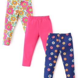 Babyhug Cotton Lycra Knit Full Length Leggings With Strech Floral Print Pack of 3 - Multicolor-image-33