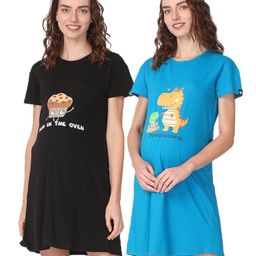 The Mom Store Pack Of 2 Cotton Half Sleeves Cup Cake & Dinosaur Printed Maternity T-Shirt Dresses - Black & Blue-image-95