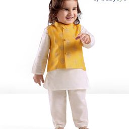 Babyoye Cotton Woven Full Sleeves Kurta Pyjama Set with Printed Jacket - Yellow & White-image-12