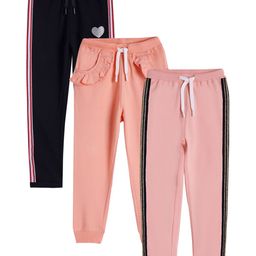 Anthrilo Pack Of 3 Cotton Heart Printed & Frilled Detailed Joggers - Pink Peach & Black-image-55