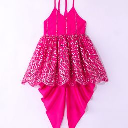Saka Designs Woven Net Sleeveless Kurta Dhoti Set with Sequins - Magenta-image-50