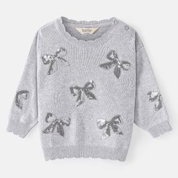 Bonfino Cotton Knit Full Sleeve Drop Shoulder Pullover with Sequined Bow Embroidery- Grey-image-97