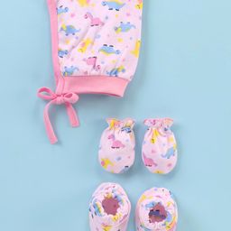 Child World Interlock Knit Cap Mitten & Booties Dino Print Pink -Diameter 10 cm-picture-25