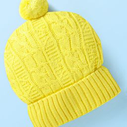 Babyhug Knit Woollen Cap With Pom Pom Applique - Yellow-23