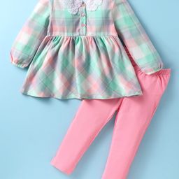 ToffyHouse 100% Woven Cotton Full Sleeves Checks Top With Peter Pan Collar & Solid Color Leggings Set - Mint & Pink-image-74