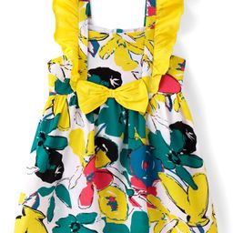 Babyhug Poplin Woven Frill Sleeves Frock with Floral Print & Bow Applique - Yellow-image-69