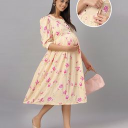 Mamma's Maternity Rayon Three Fourth Sleeves Floral Printed Maternity Dress With Concealed Zipper For Nursing Access - Cream-22