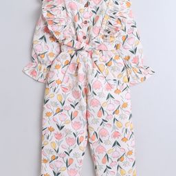 Twetoons Woven Full Sleeves Full Length Jumpsuit With Floral Print & Frill Detailing-Baby Pink-image-13