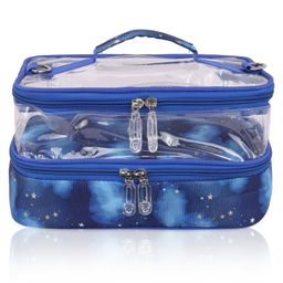 Echo Boomers Stars Printed Small Double-Decker Insulated Lunch Bag with Multi-Zipper Pockets - Blue-image-10