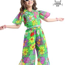 Ollington St. Georgette Woven Frill Sleeves Co-Ord Set Top & Culottes with Floral Print - Green-image-73