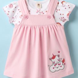 ToffyHouse Knitted Unicorn Printed & Embroidered Frock with Half Sleeves Inner Tee - Pink & White-image-56