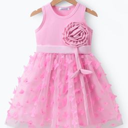 Mark & Mia Sleeveless Cotton Party Frock With Floral Corsage & Butterfly Applique - Pink-image-36