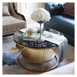 RIZIK STORE Metal Base Handmade Round Coffee/Nesting/Side/Center Table with Marble Finish Wooden White Top for Living Room/Drawing Room/Balcony Gold (Black & Gold)-image-18