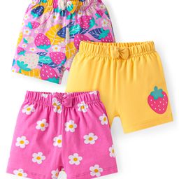 Babyhug Cotton Knit Mid Thigh Strawberry & Floral Printed Shorts with Bow Applique Pack of 3 - Pink & Yellow-image-17