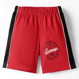 Taeko Single Jersey Knit Knee Length Shorts with Summer Text Print & Tape Detailing - Red-picture-8
