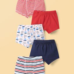 Honeyhap Premium Cotton Knit Trunks with Stripes & Boat Print Pack of 5 - High Risk Red & Bright White & Navy Peony-image-15