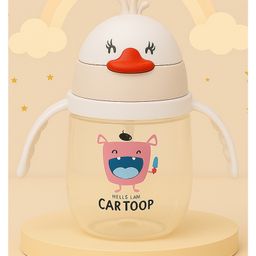 The Cheeky Kidzz Baby Premium Unbreakable Feeding Bottle Feeder 350ml Cute Duck Print With Twin Handles & Silicone Straw Sipper BPA Free (WHITE)-3