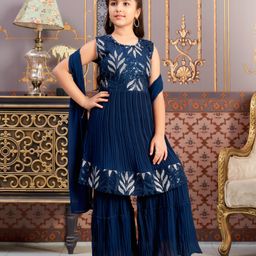Aarika Georgette Sleeveless Leaves Embroidered Kurta Sharara With Dupatta Set - Teal Blue-image-50