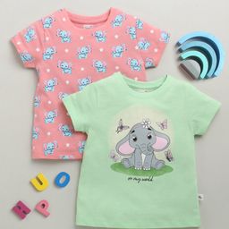 BUMZEE Cotton Pack Of 2 Half Sleeves Baby Elephants Printed Tees - Green & Pink-image-78