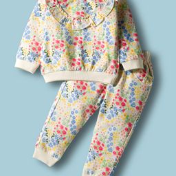 ToffyHouse 100% Knitted Cotton Full Sleeves Top & Lounge Pants Co-Ord Set With Frill Detailing & Floral Print - Offwhite-picture-0