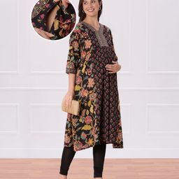 Bella Mama Viscose Woven Three Fourth Sleeves Maternity Kurta With Highlighted Neck & Floral Print - Black-picture-16