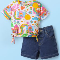 Babyhug Single Jersey Knit Half Sleeves Top & Shorts Set with Floral Print - White & Navy Blue-image-52