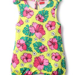 Babyhug 100% Cotton Knit Sleeveless Romper with Floral Print & Bow Applique - Yellow-image-44