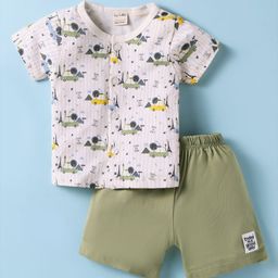 CUCUMBER Sinker Knit Half Sleeves Shorts Night Suit with Vehicle Print - Cream-image-51