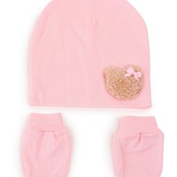 Tipy Tipy Tap Cotton Teddy Bear Face Designed Cap With Mittens Set - Pink - Diameter - 32cm-image-35