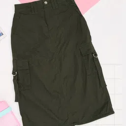 Pantaloons Junior 100% Cotton Woven Solid Cargo Skirt - Olive Green-picture-15